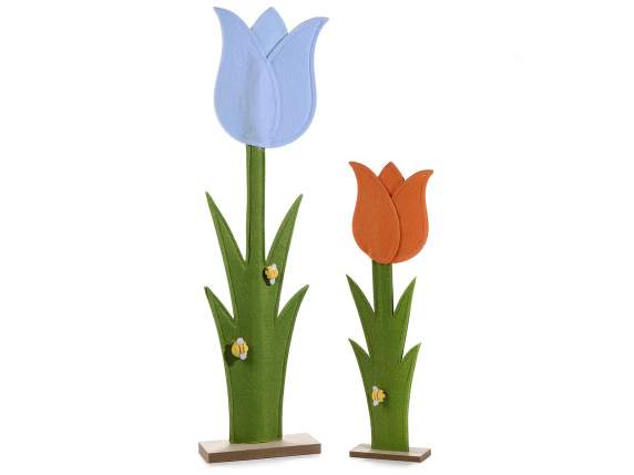 Set 2 decorazioni a tulipano in panno e legno da vetrina