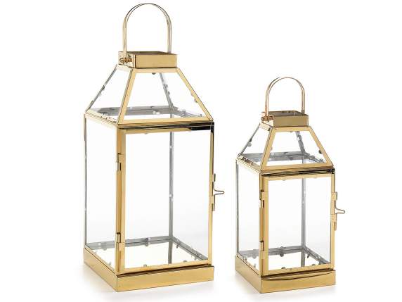 Set 2 lanterne a base quadrata in metallo dorato