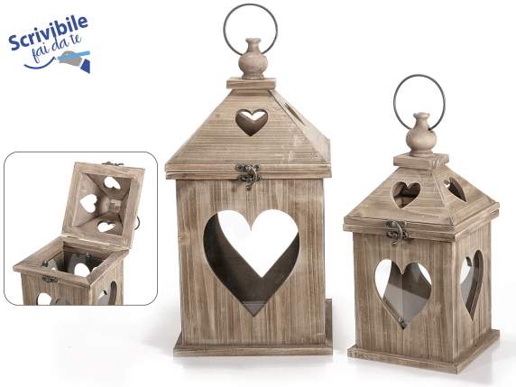 Set 2 lanterne in legno c/foro a cuore e apertura dall'alto