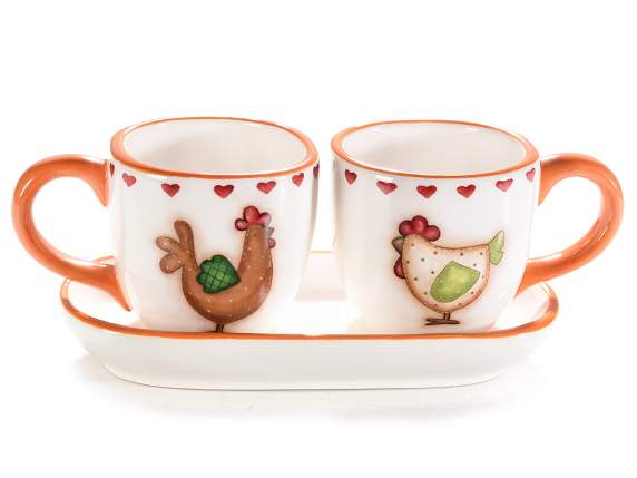 Set 2 tazzine da caffè c/decoro galline e piattino ceramica
