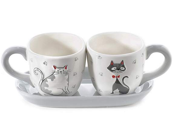 Set 2 tazzine da caffè c/decoro gattini e piattino ceramica