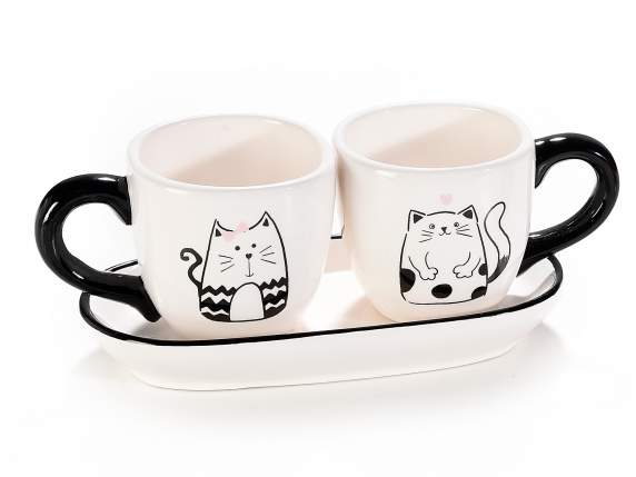 Set 2 tazzine da caffè c/decoro gattini e piattino ceramica