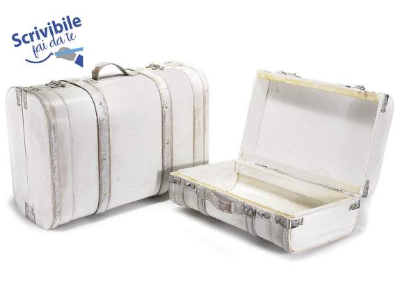 Set 2 valigie in legno bianco antico e inserti in similpelle