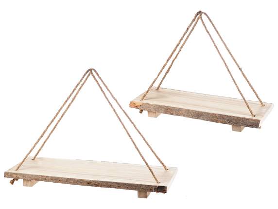 Set 2 vassoi in legno naturale con corda da appendere