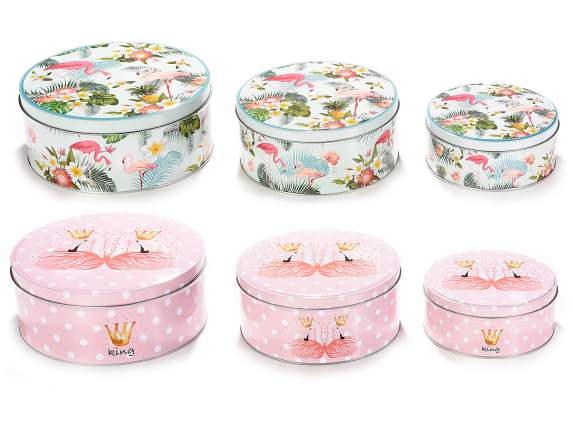 Set 3 metal boxes with cover and flamingo decorations