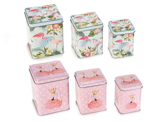 Set 3 scatole in metallo c/coperchio e decori fenicottero