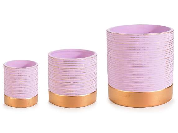 Set 3 vasi ceramica lilla zigrinata con decori e base dorata