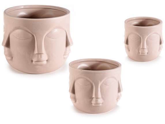 Set 3 vasi in ceramica color naturale con decoro volto