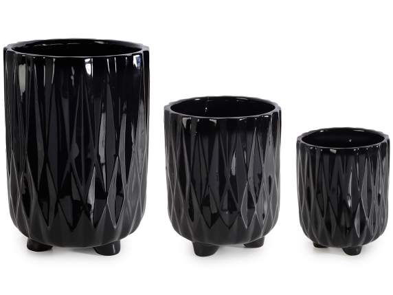 Set 3 vasi in ceramica nera lucida lavorata