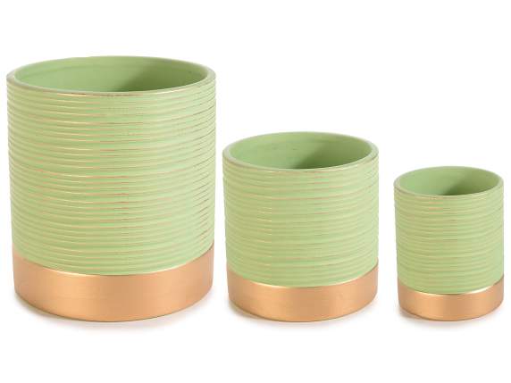 Set 3 vasi zigrinati in ceramica con finiture e base dorata