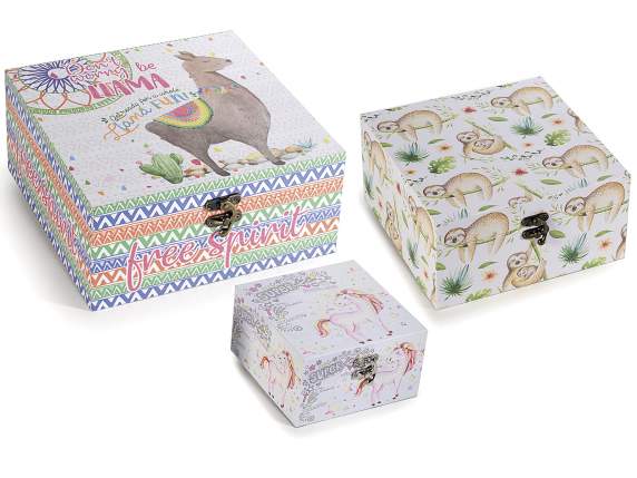 Set 3 wooden boxes with Animal fantasy decorations and hook