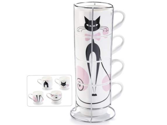 Set 4 tazze in porcellana c/stampa Chat Noir e espo metallo
