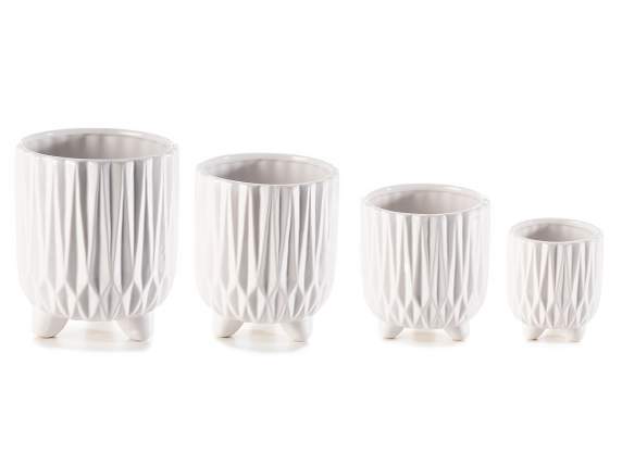 Set 4 vasi in ceramica bianca lucida con decori in rilievo