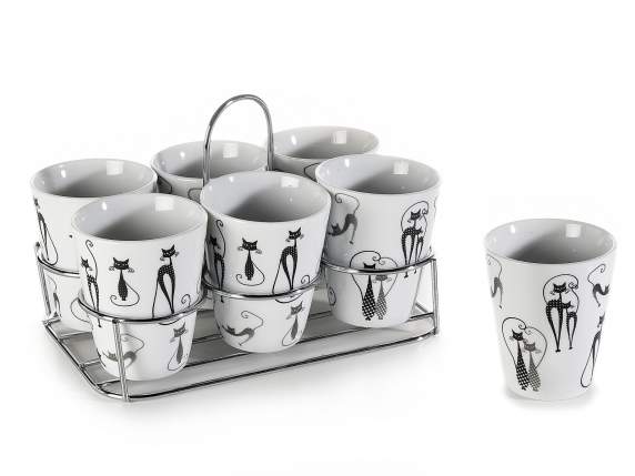 Set 6 tazzine porcellana c/decori Chat Noir e espo metallo