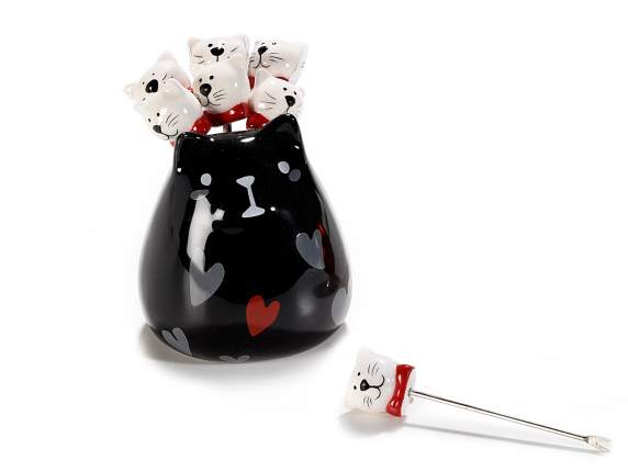 Set aperitivo gatto c/6 forchettine acciaio e ceramica