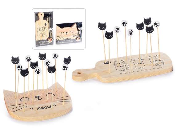 Set aperitivo gatto in legno con stecchini in conf. singola