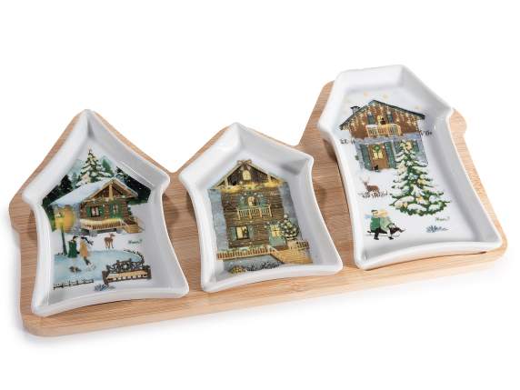 Set aperitivo de madera y porcelana con 3 cuencos forma casa
