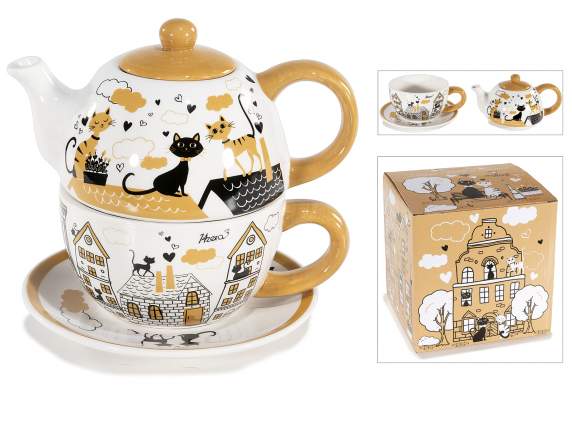 Set taza y tetera cerámica con platillo con gatos