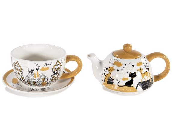 Set taza y tetera cerámica con platillo con gatos