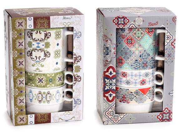 Juego de tetera y 2 tazas en porcelana mayólica