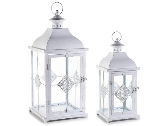 Set of 2 antique white metal lanterns w / carved decoration