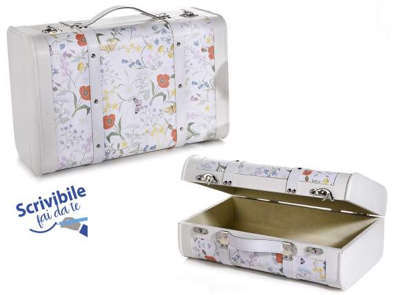 Set of 2 decorative suitcases in white wood with floral deco
