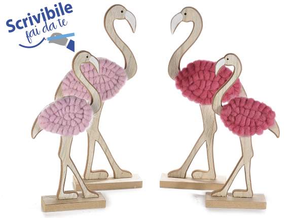 Set of 2 flamingos in wood and boiled wool