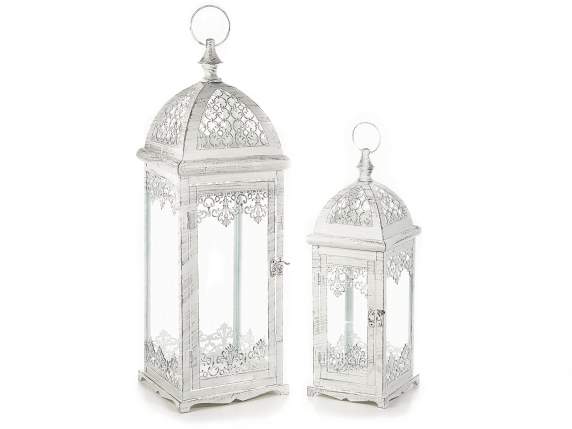 Set of 2 lanterns with a square base in antiqued white metal