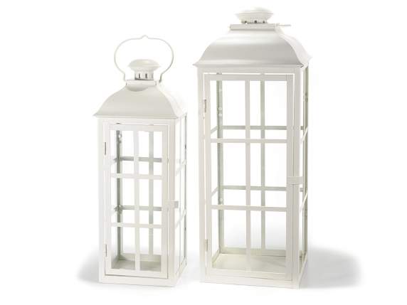Set of 2 lanterns with a square base in white metal