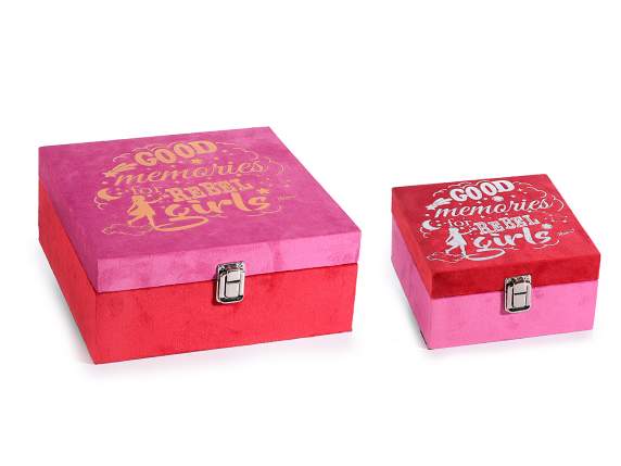 Set of 2 square boxes in two-tone velvet 