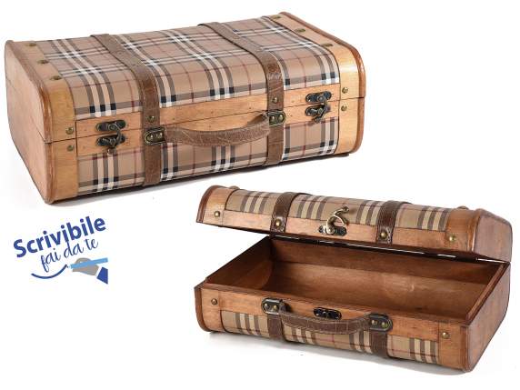 Set of 2 suitcases in wood and scottish fabric with leathere