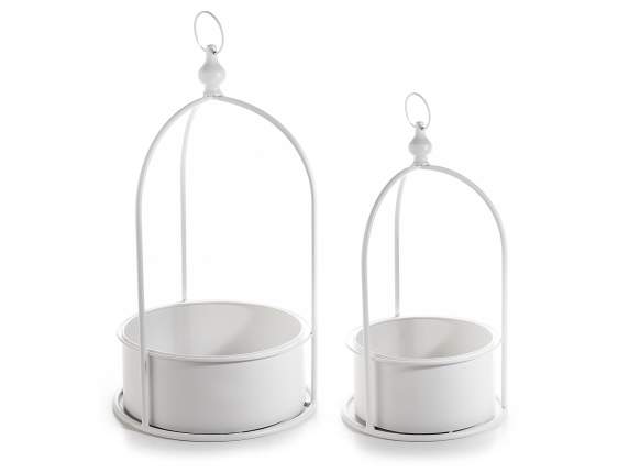 Set of 2 white metal flower pot holders to hang