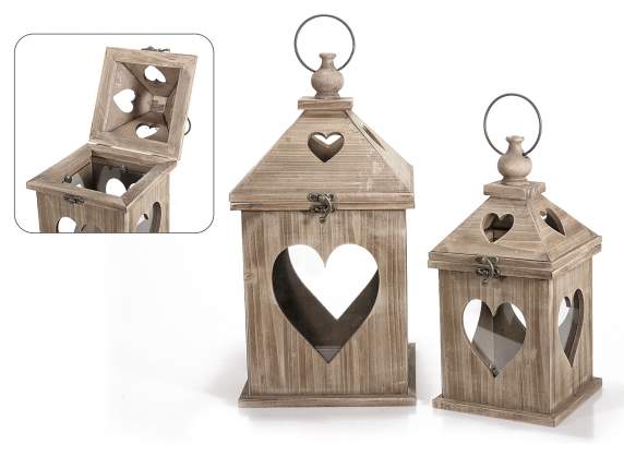 Set of 2 wooden lanterns with heart hole and top opening