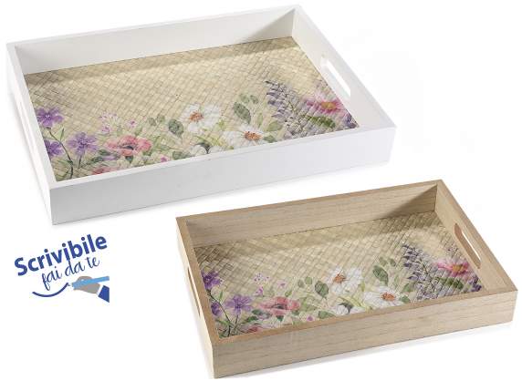 Set of 2 wooden trays with floral decorations