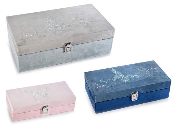 Set of 3 boxes in wood and two-tone velvet with glitter deco