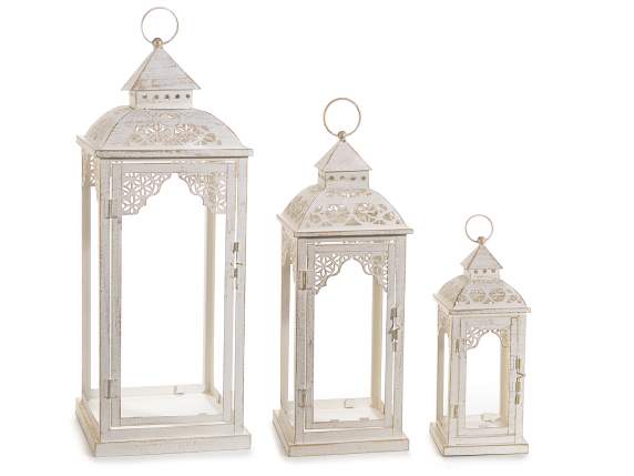 Set of 3 square base lanterns in antique gold white metal