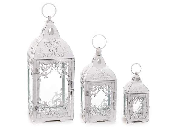Set of 3 square base lanterns in antiqued white metal