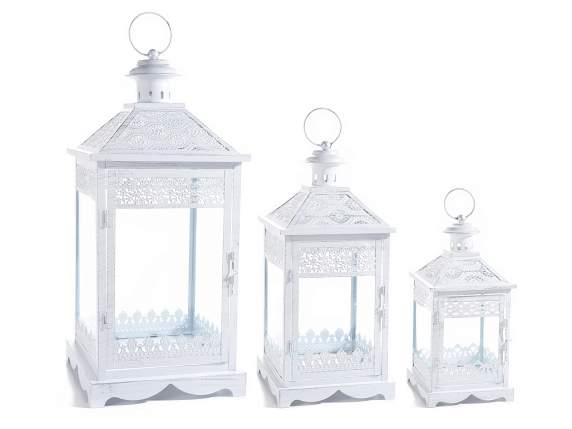 Set of 3 square base lanterns in white metal with carvings