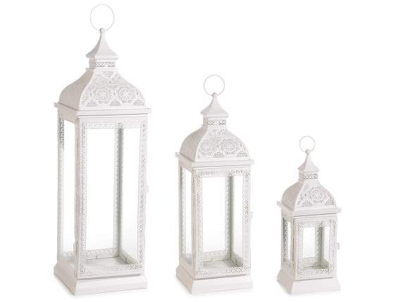 Set of 3 square base lanterns in worked white metal