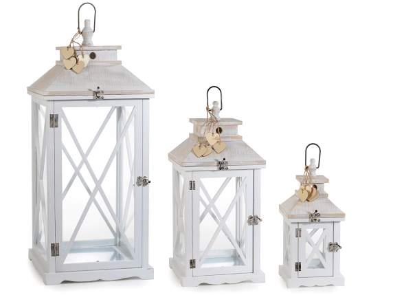 Set of 3 white wooden lanterns with heart pendants