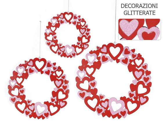 Set of 3 wooden garlands w / red hearts and glitter to hang