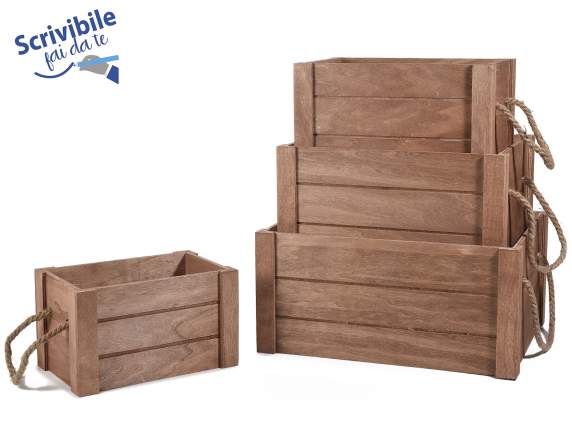 Set of 4 decorative boxes in dark wood with rope handles