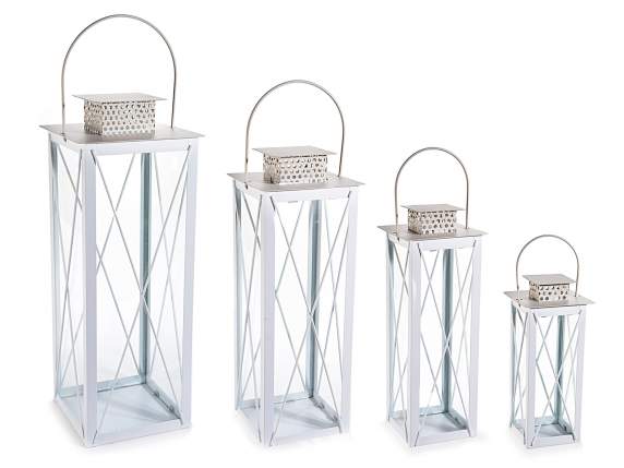Set of 4 white metal lanterns with ecru roof