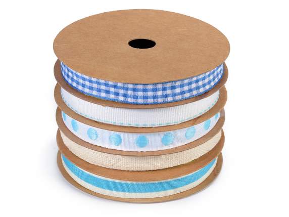 Set of 5 light blue/white ribbons in multiple paper roll