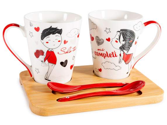Set 2 tazas y cucharas porcelana 300 ml en bandeja