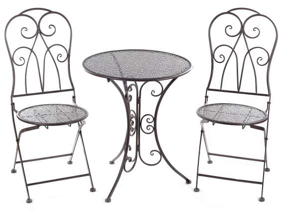 Set tavolo e 2 sedie da giardino in metallo scuro traforato