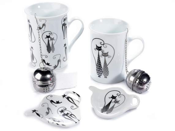Set tazza e piattino Chat Noir porcellana c/filtro metallo