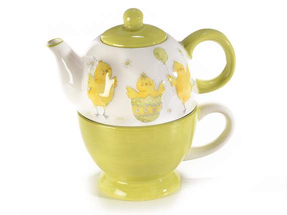 Set teapot and mug in ceramic with little chicks decoration