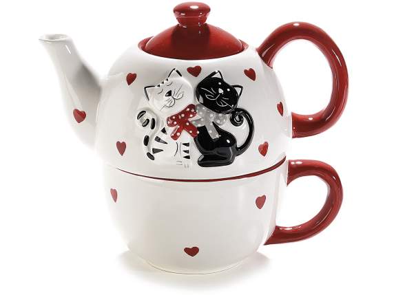 Set teiera e tazza ceramica c/decoro gatti in rilievo