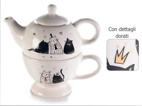 Set teiera e tazza con decoro a gatti e dettagli in oro
